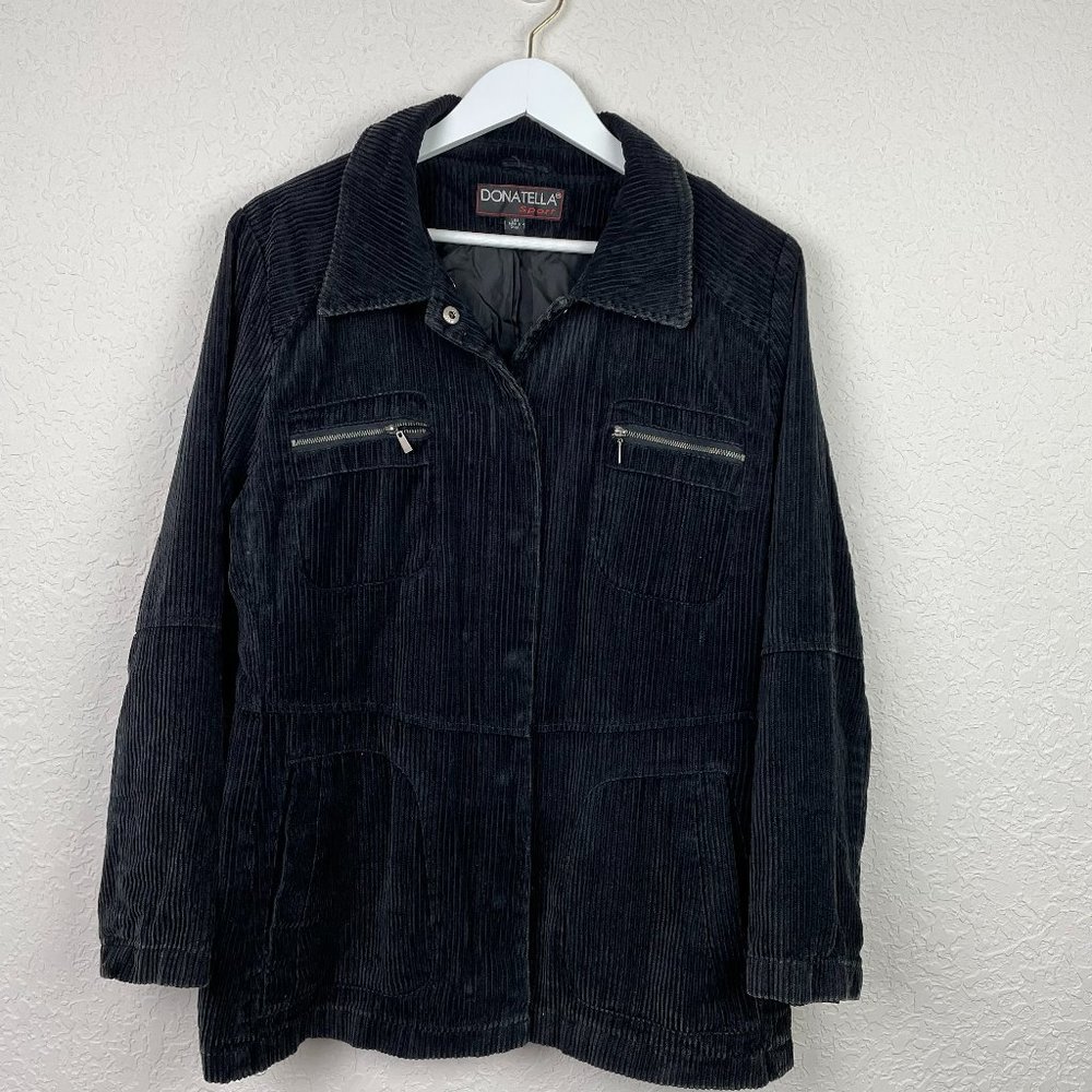DONNATELLA SPORT WomenS L Black Corduroy Feel Hidden Buttons Zip Pockets Jacket